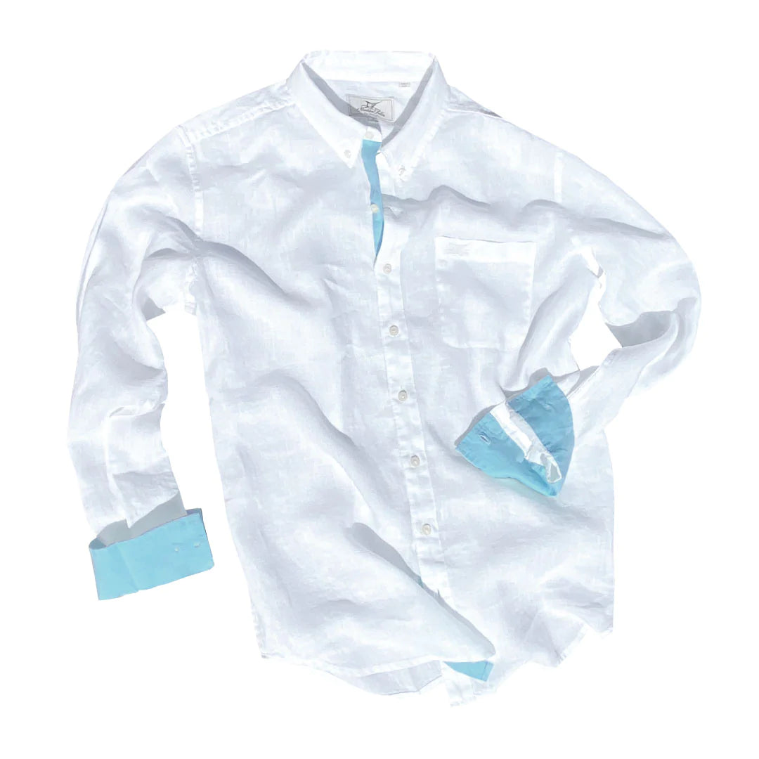 Sail White/Light Blue Accent ++ white long sleeve linen shirt with light blue accent men's