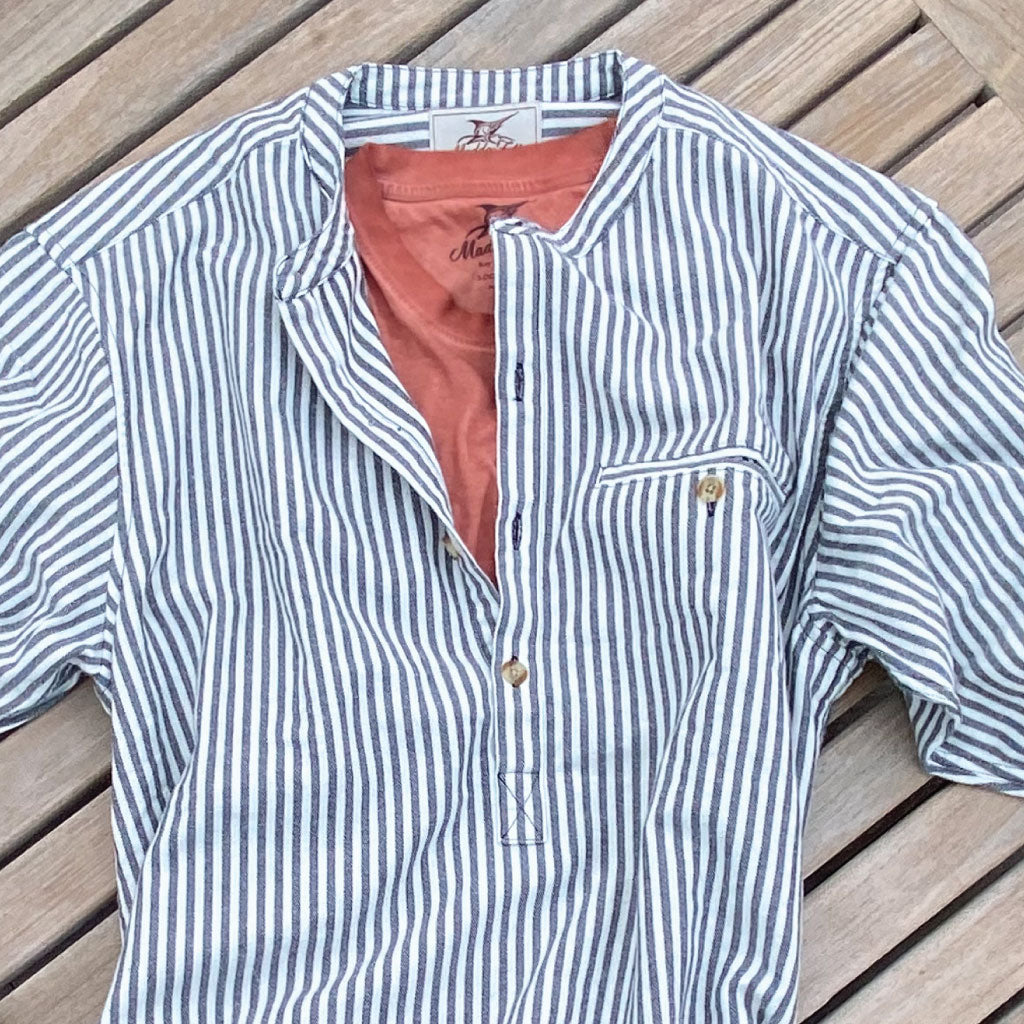 India Ink/White Stripe ++ mens collarless shirt