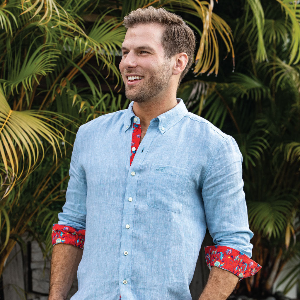 Caribbean Blue/Icon Print ++ light blue long sleeve linen shirt with red tropical print accent men's