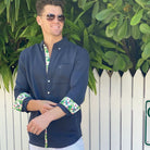 India Ink/Palm Print ++ navy linen shirt with palm frond accents on the cuffs