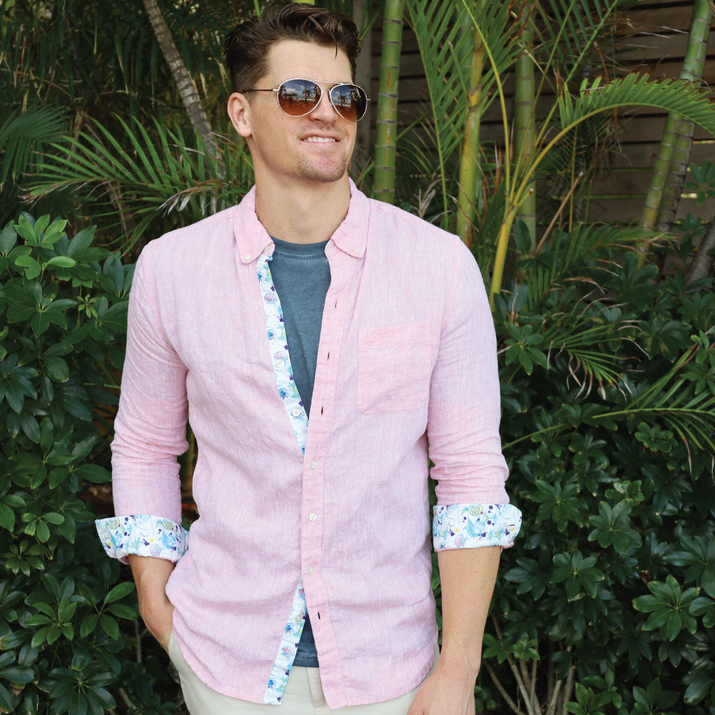 Island Coral/Icon Print ++ pink long sleeve linen shirt with tropical inspired accent men's