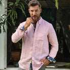 Island Coral/Mojito Print ++ pink long sleeve linen shirt with floral accents men's