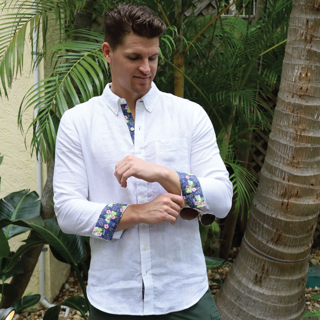 Sail White/Mojito Print ++ white long sleeve linen shirt men's with floral accents on cuff