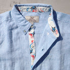 Caribbean Blue/Marlin Print ++ light blue men's linen shirt with marlin micro print accents