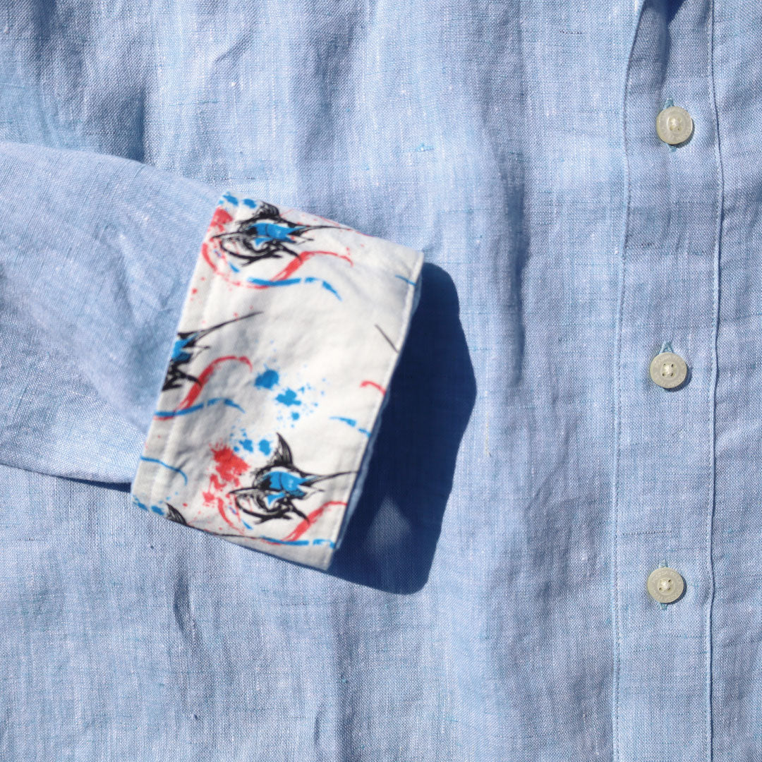 Caribbean Blue/Marlin Print ++ light blue men's linen shirt with marlin micro print accents