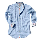 Caribbean Blue/Marlin Print ++ light blue men's linen shirt with marlin micro print accents