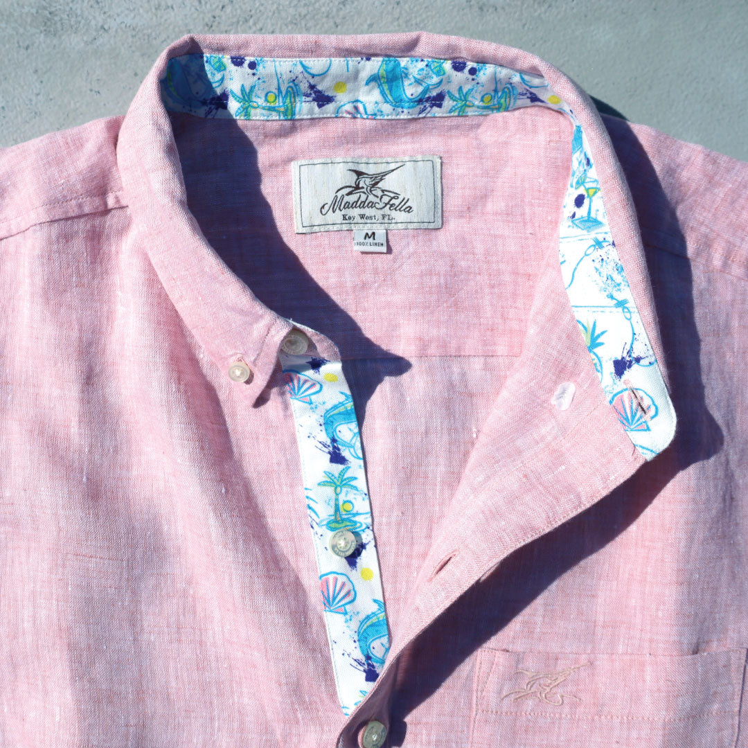 Island Coral/Icon Print ++ pink long sleeve linen shirt with tropical inspired accent men's