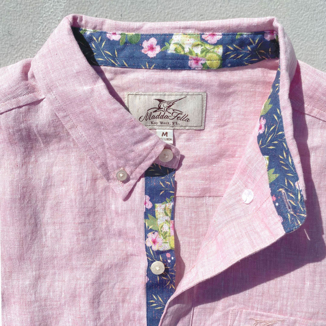 Island Coral/Mojito Print ++ pink long sleeve linen shirt with floral accents men's