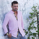 Island Coral/Mojito Print ++ pink long sleeve linen shirt with floral accents men's