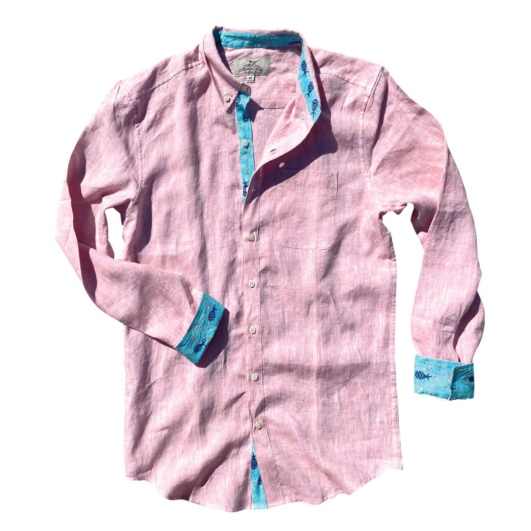 Island Coral/Pineapple Print ++ pink long sleeve linen shirt with blue cuffs and pineapple accents