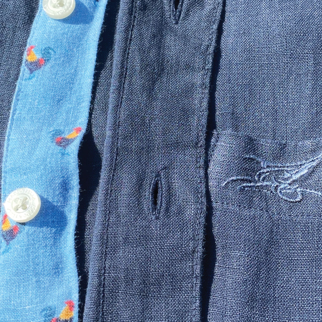 India Ink/Rooster Accent ++ micro print rooster accent dark blue linen shirt men's