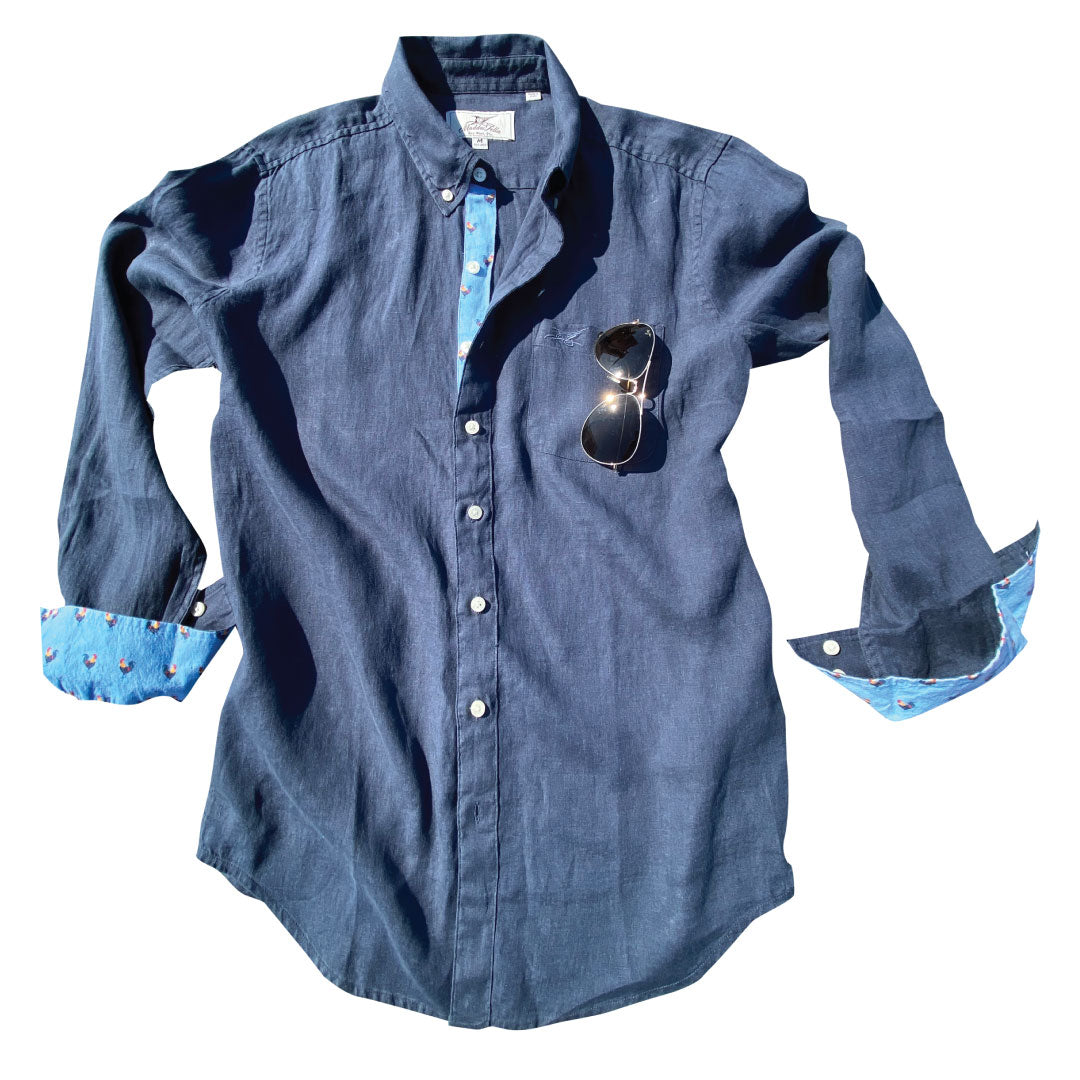 India Ink/Rooster Accent ++ micro print rooster accent dark blue linen shirt men's