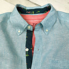 Caribbean Blue/Flamingo Print ++ Man-Wearing-Caribbean-Blue-Linen-Shirt-Flamingo-Accent-Cuffs