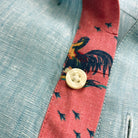 Caribbean Blue/Rooster Print ++ mens light blue linen shirt with rooster accent cuffs