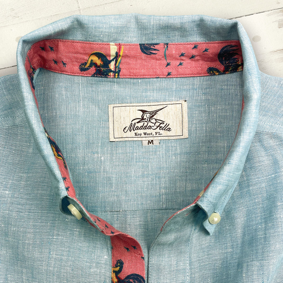 Caribbean Blue/Rooster Print ++ mens light blue linen shirt with rooster accent cuffs