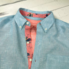 Caribbean Blue/Rooster Print ++ mens light blue linen shirt with rooster accent cuffs