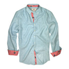 Caribbean Blue/Rooster Print ++ mens light blue linen shirt with rooster accent cuffs