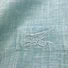 Caribbean Blue/Rooster Print ++ mens light blue linen shirt with rooster accent cuffs