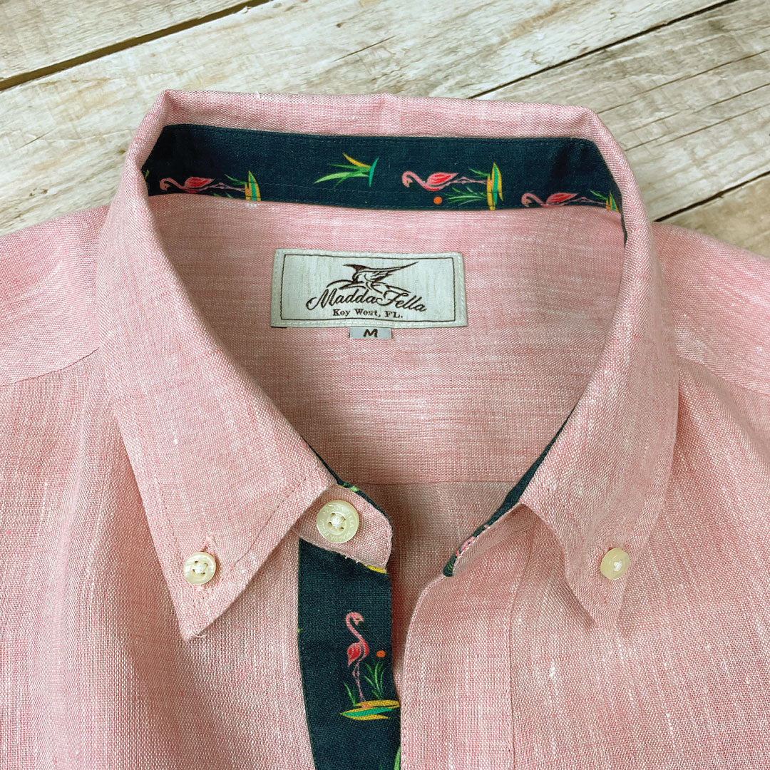 Island Coral/Flamingo Print ++ mens pink linen shirt with flamingo print cuffs