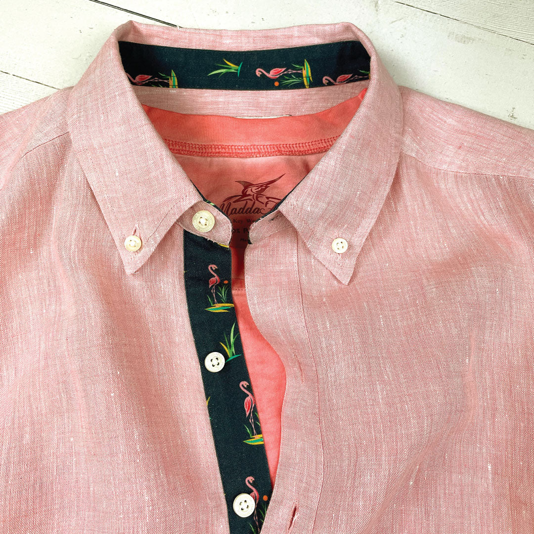 Island Coral/Flamingo Print ++ mens pink linen shirt with flamingo print cuffs