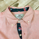 Island Coral/Hibiscus Print ++ mens pink linen shirt with hibiscus print cuffs