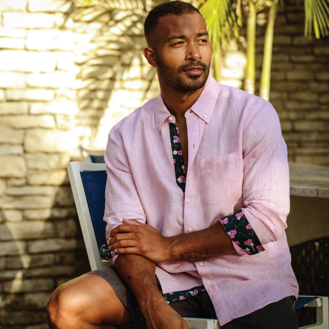 Island Coral/Hibiscus Print ++ mens pink linen shirt with hibiscus print cuffs