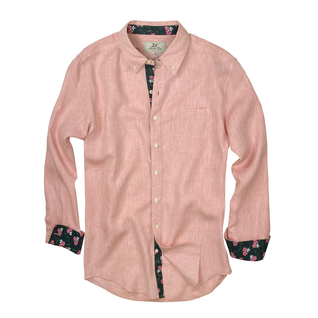 Island Coral/Hibiscus Print ++ mens pink linen shirt with hibiscus print cuffs