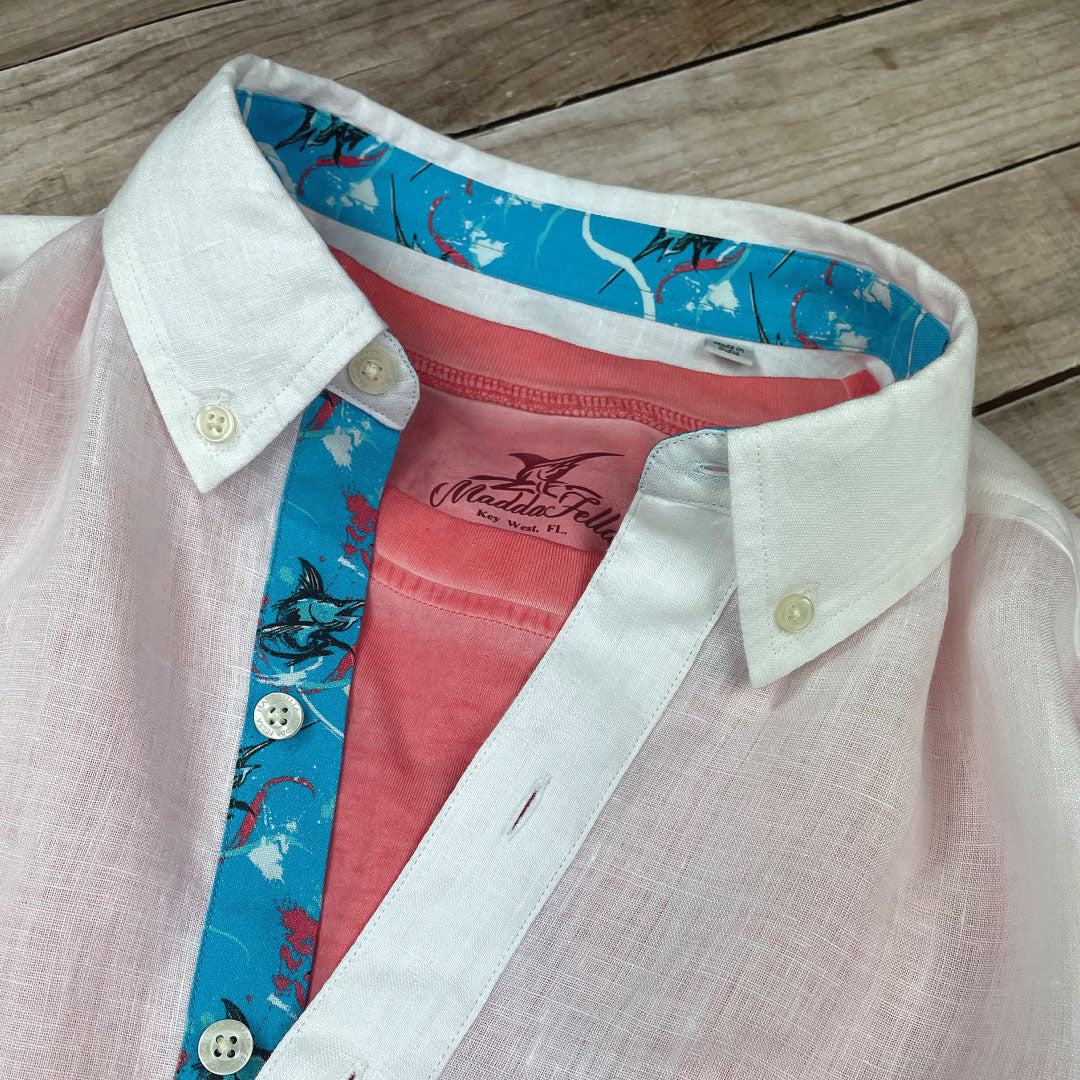 Sail White/Marlin Print ++ white linen shirt with marlin print on the cuffs men's shirt