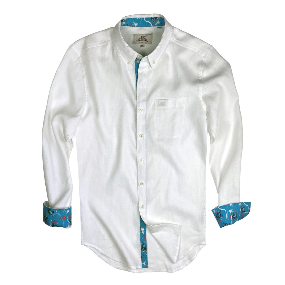 Sail White/Marlin Print ++ white linen shirt with marlin print on the cuffs men's shirt