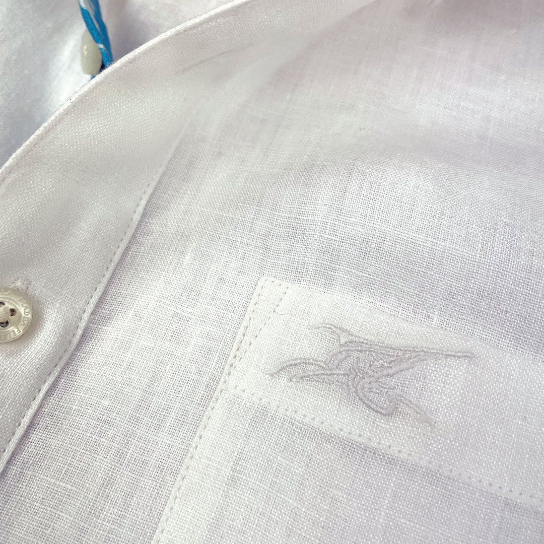 Sail White/Marlin Print ++ white linen shirt with marlin print on the cuffs men's shirt