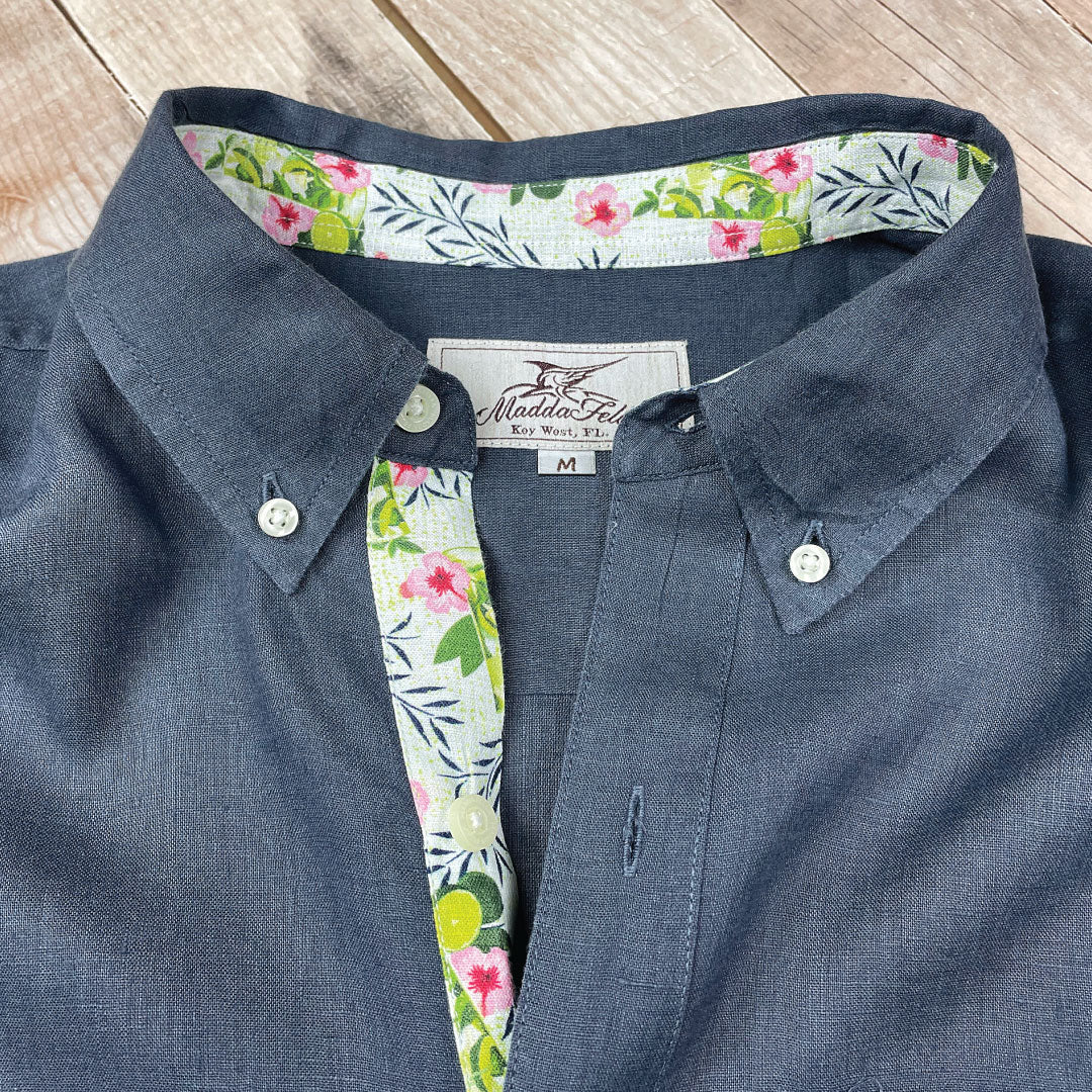 India Ink/Mojito Print ++ mens navy blue linen shirt with mojito print cuffs