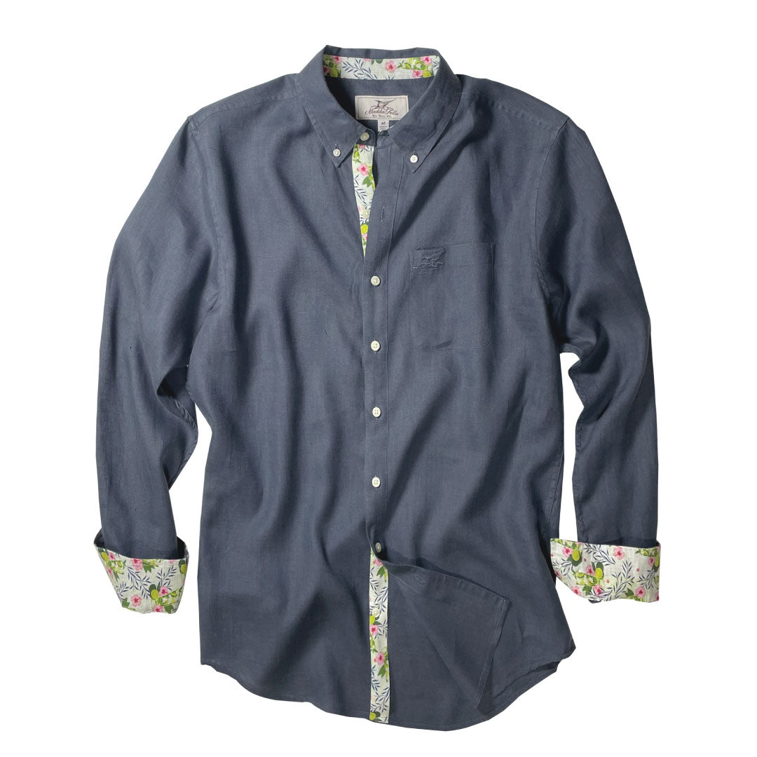 India Ink/Mojito Print ++ mens navy blue linen shirt with mojito print cuffs