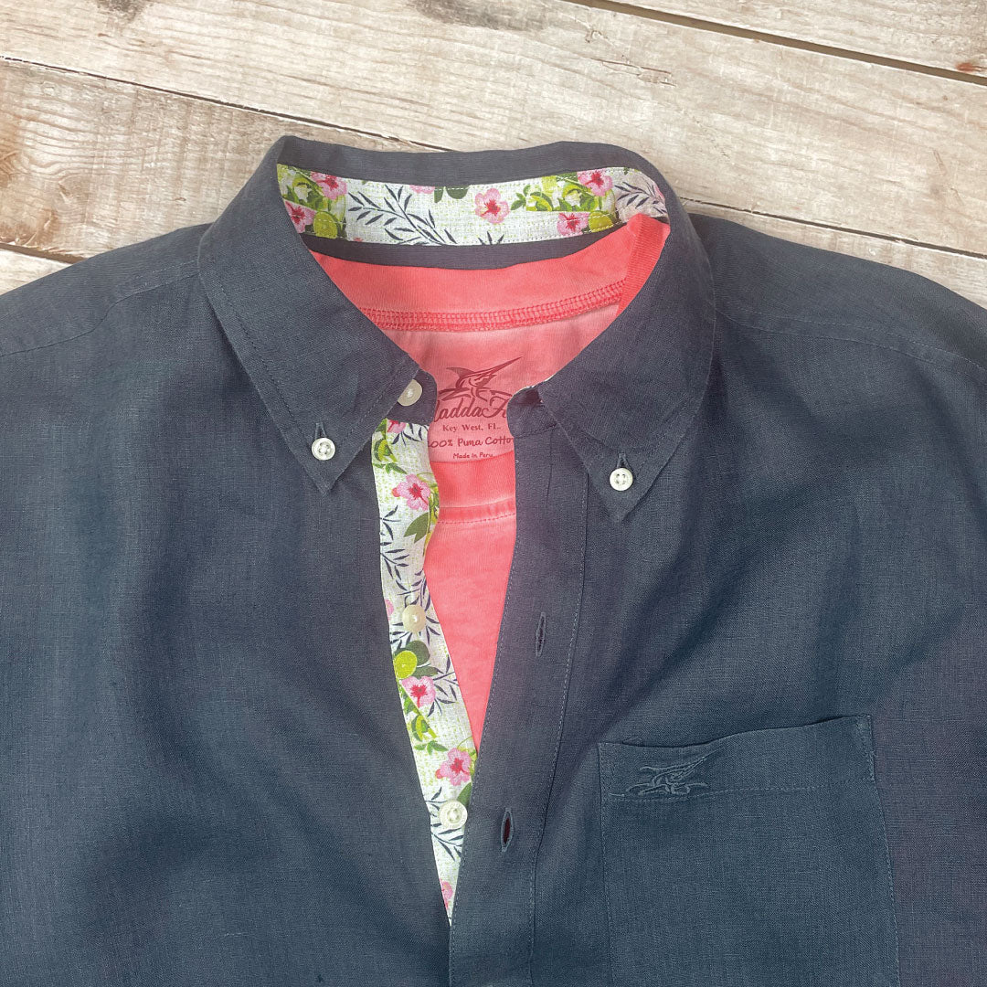 India Ink/Mojito Print ++ mens navy blue linen shirt with mojito print cuffs