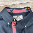 India Ink/Rooster Print ++ mens navy blue linen shirt with rooster print accents and cuffs