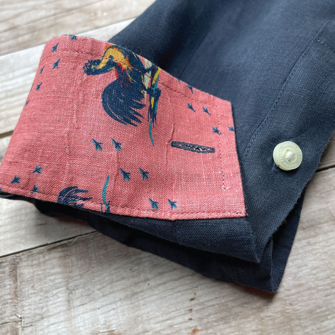 India Ink/Rooster Print ++ mens navy blue linen shirt with rooster print accents and cuffs