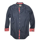 India Ink/Rooster Print ++ mens navy blue linen shirt with rooster print accents and cuffs