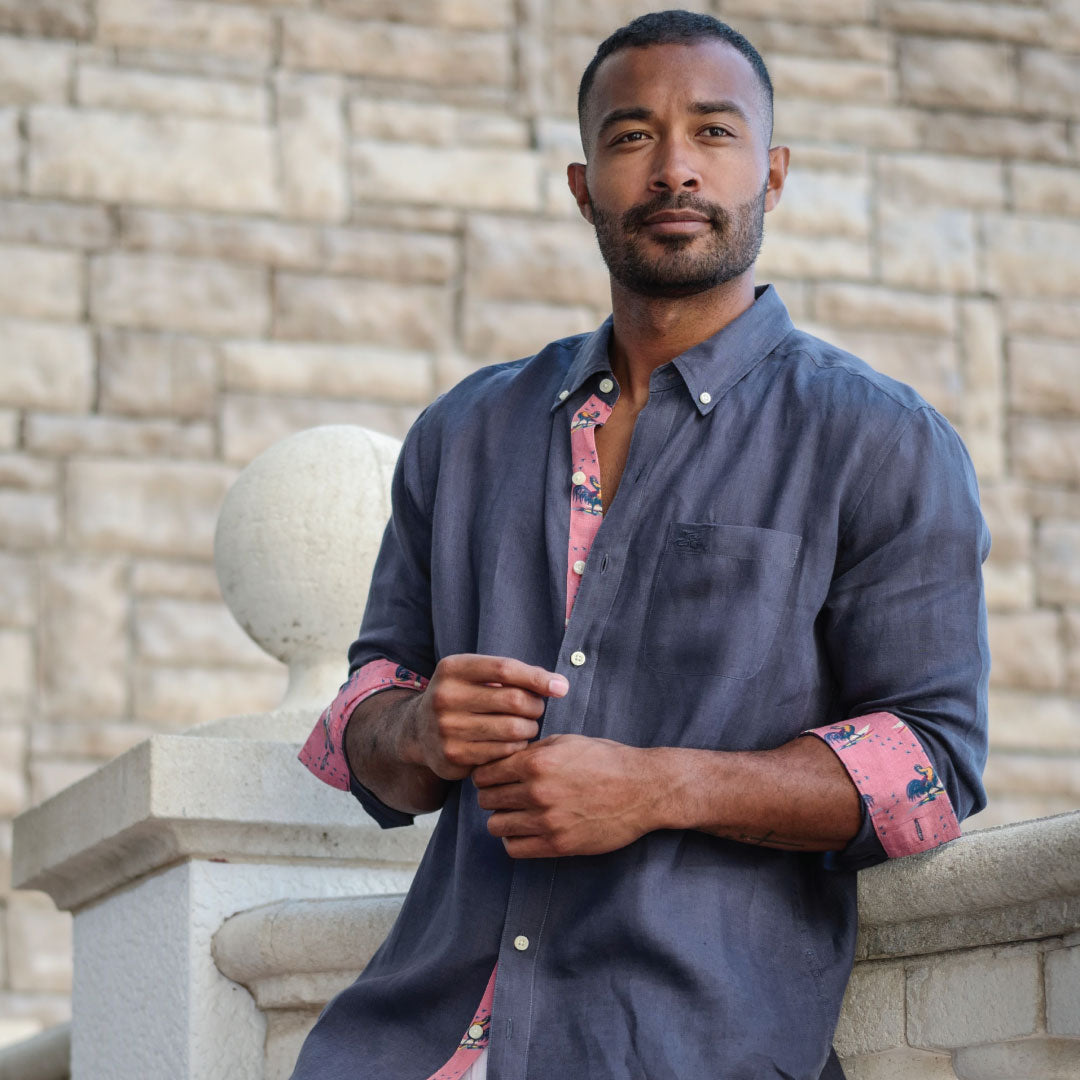 India Ink/Rooster Print ++ mens navy blue linen shirt with rooster print accents and cuffs