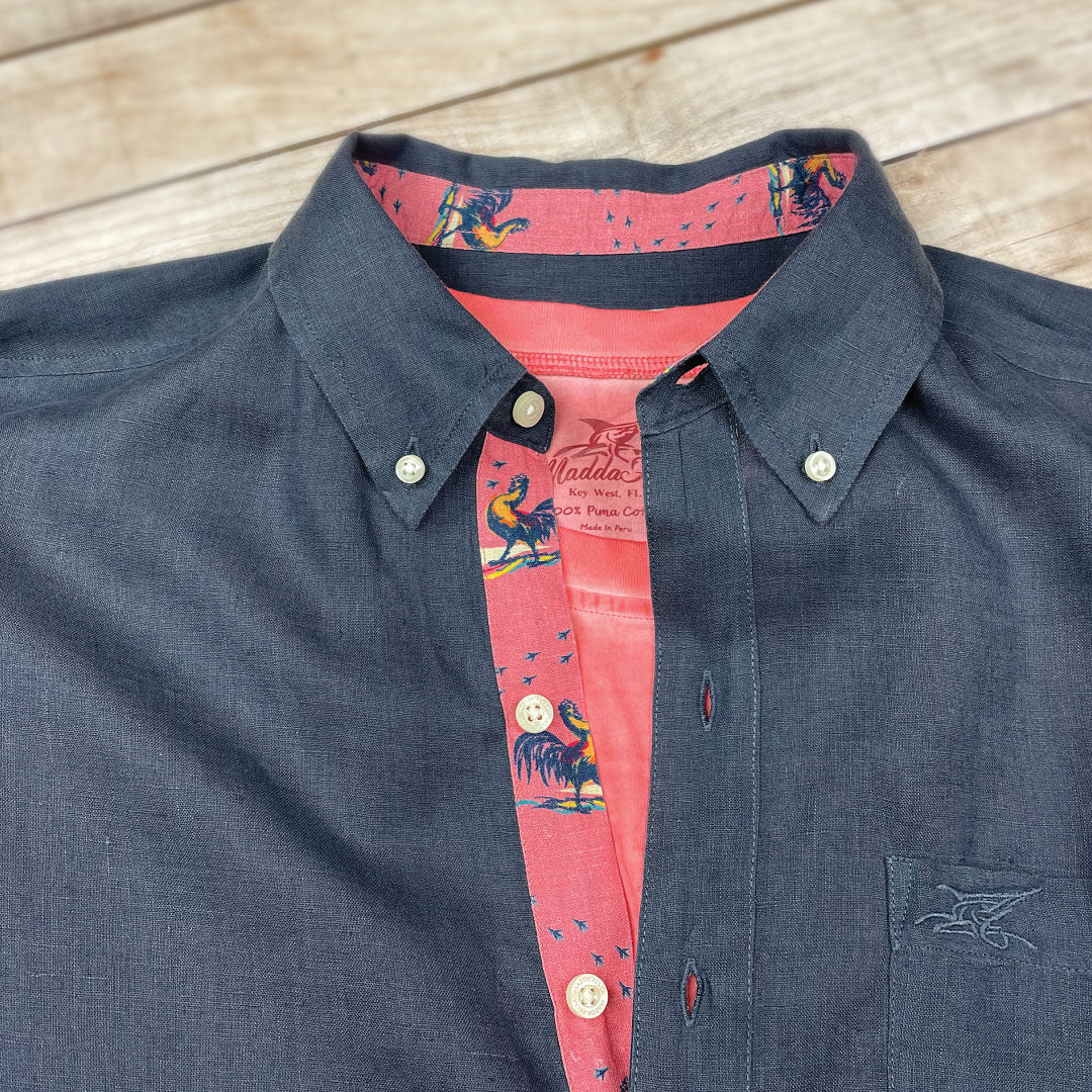 India Ink/Rooster Print ++ mens navy blue linen shirt with rooster print accents and cuffs