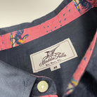 India Ink/Rooster Print ++ mens navy blue linen shirt with rooster print accents and cuffs