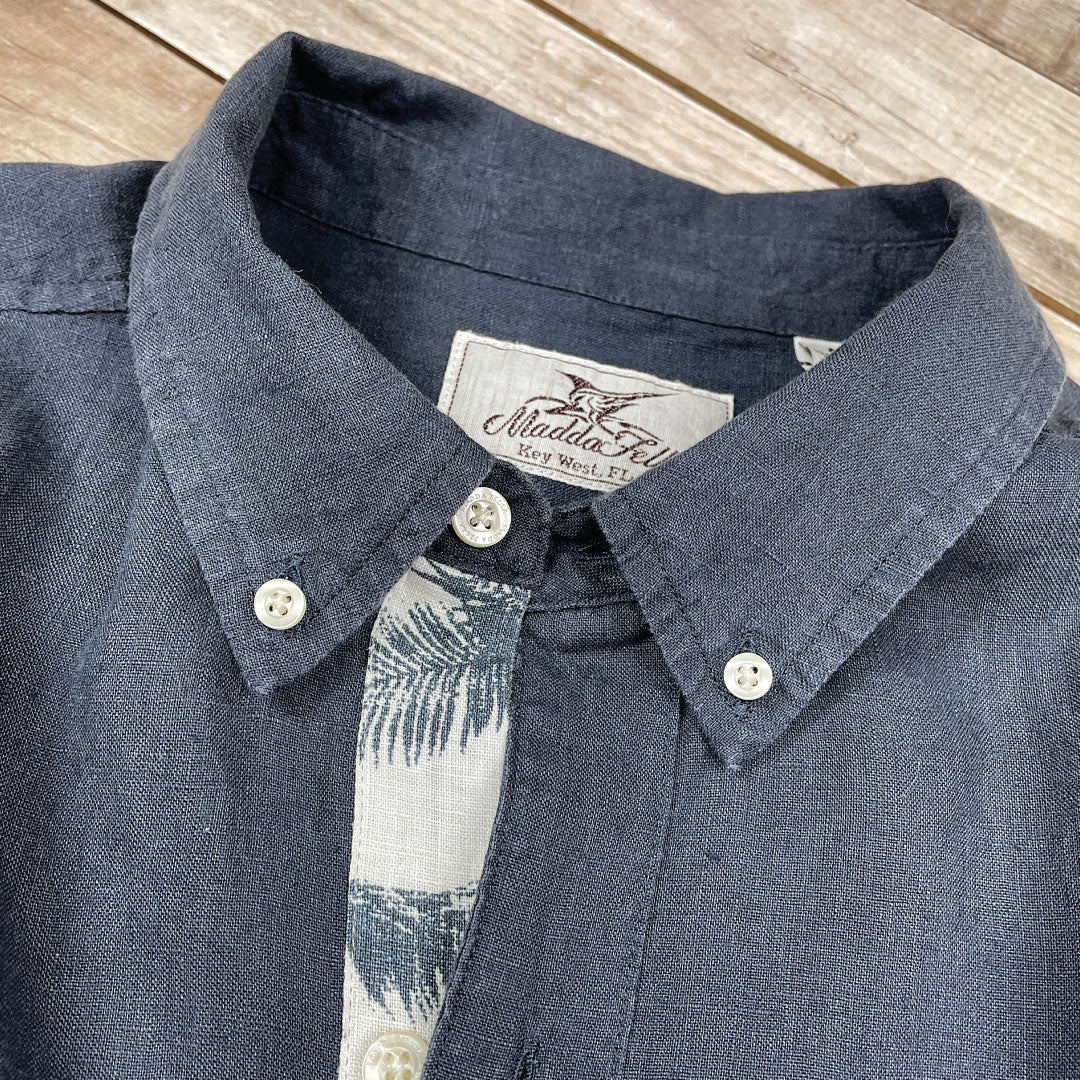 India Ink/Vintage Palm Accent ++ men's navy linen shirt with white and blue palm tree accents