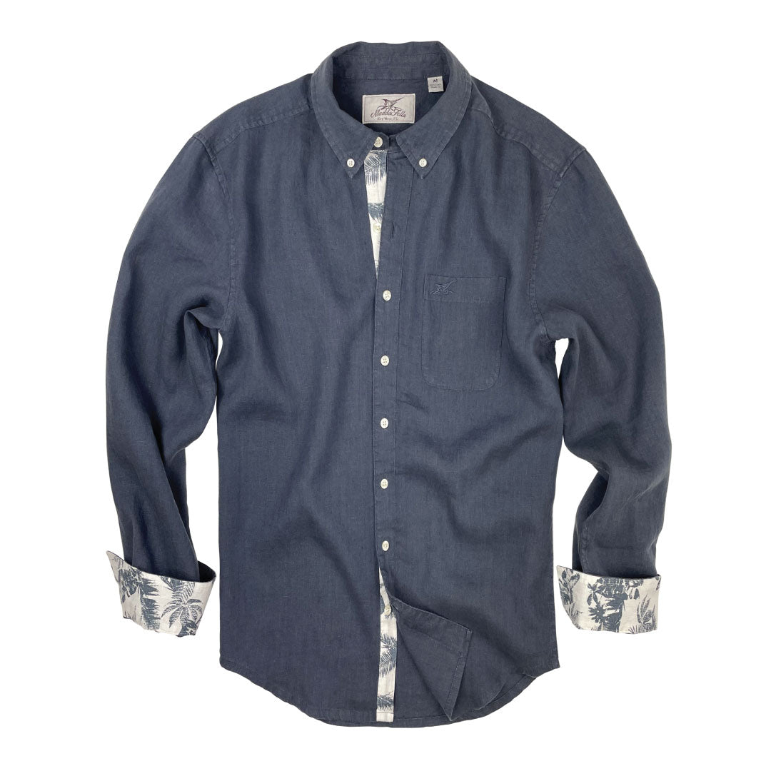 India Ink/Vintage Palm Accent ++ men's navy linen shirt with white and blue palm tree accents