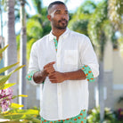 Sail White/Oranges Print ++ men's white linen shirt with oranges print cuffs