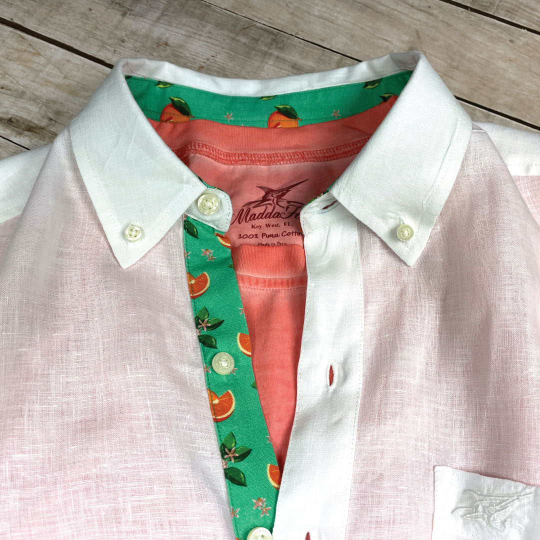 Sail White/Oranges Print ++ men's white linen shirt with oranges print cuffs