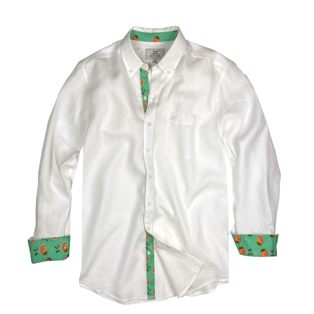 Sail White/Oranges Print ++ men's white linen shirt with oranges print cuffs