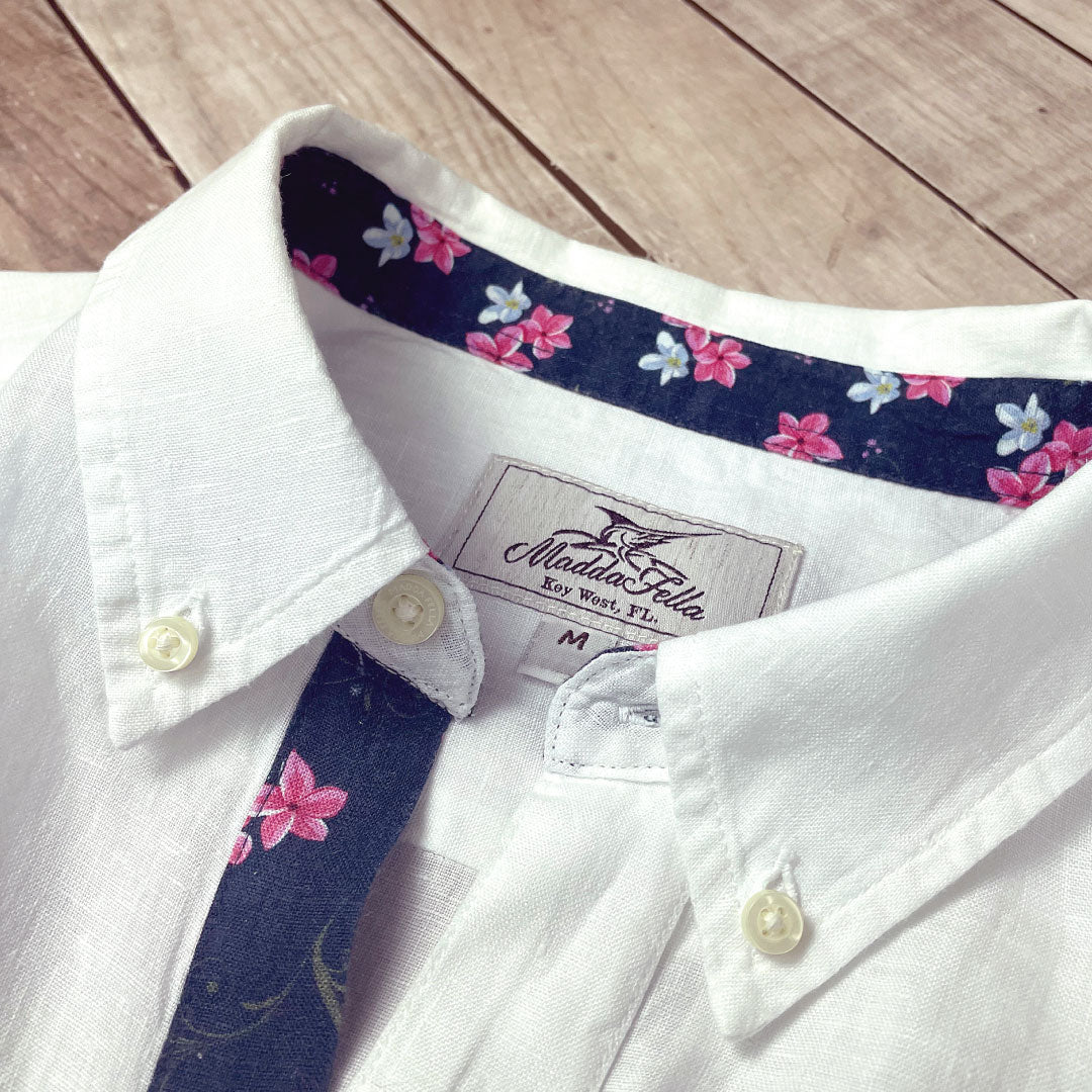 Sail White/Hibiscus Print ++ mens white linen shirt hibiscus print cuffs