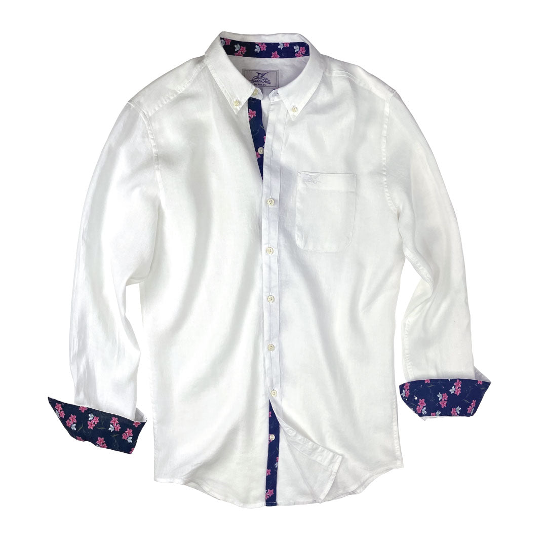 Sail White/Hibiscus Print ++ mens white linen shirt hibiscus print cuffs