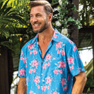 Hibiscus Print ++ pink-hibiscus-print-and-blue-mens-camp-shirt