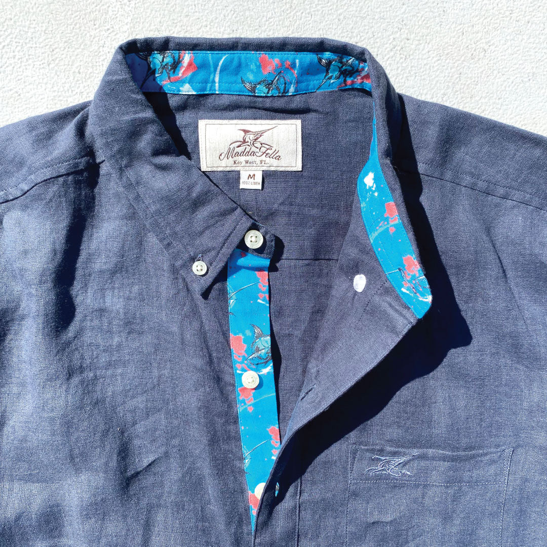 India Ink/Marlin Print ++ dark blue men's long sleeve linen shirt marlin micro print accent shirt