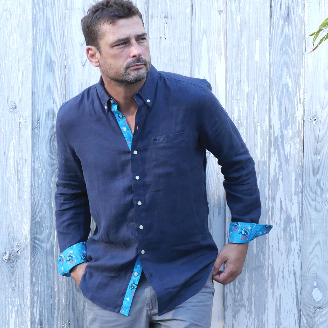 India Ink/Marlin Print ++ dark blue men's long sleeve linen shirt marlin micro print accent shirt