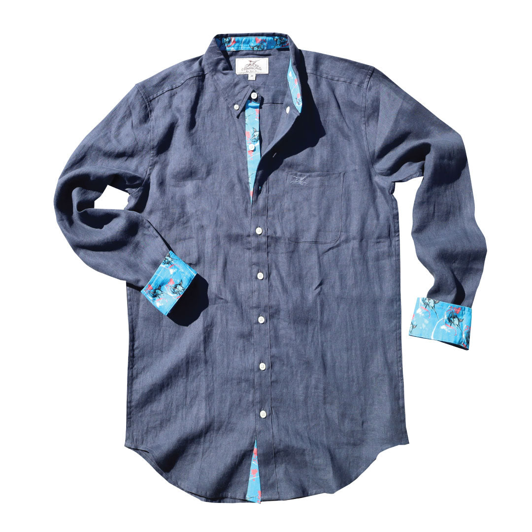 India Ink/Marlin Print ++ dark blue men's long sleeve linen shirt marlin micro print accent shirt